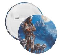 Native U.S. Indian Man Wolf Castle Unisex Novelty Brooches & Pins Round Tinplate Lapel Badge for Clothing Shawl Hat