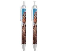 Native U.S. Indian Woman Flute Music Owl Retractable Ballpoint Pens 0.5mm Fine Black Inks Roller Smooth Writing Office Supplies 2 PCS