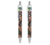Native U.S. Indian Woman Flute Music Wolf Retractable Ballpoint Pens 0.5mm Fine Black Inks Roller Smooth Writing Office Supplies 2 PCS