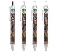 Native U.S. Indian Woman Flute Music Wolf Retractable Ballpoint Pens 0.5mm Fine Black Inks Roller Smooth Writing Office Supplies 4 PCS