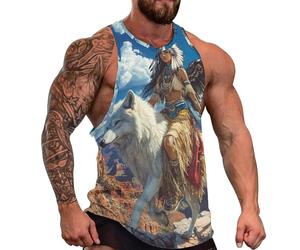 Native U.S. Indian Woman Wolf Undershirts Mens Vest Tank Tops Crew Neck Lightweight Running Singlet Gym T-Shirt