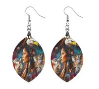 Native U.S. Woman Wolf Ea-gles Artistic Wooden Earrings Pendant Vintage Earring Hooks Trendy Vacation Dangle Boho Eardrop Apricot Shaped