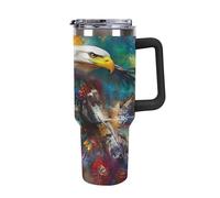 Native U.S. Woman Wolf Ea-gles Large Capacity Car Cup 40 Oz Stainless Steel Insulated Travel Cup with Handle Straw