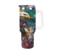 Native U.S. Woman Wolf Ea-gles Large Capacity Car Cup 40 Oz Stainless Steel Insulated Travel Cup with Handle Straw
