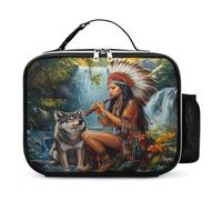Native U.S. Woman Wolf Music Leather Lunch Bag Insulated Lunchbox Meal Tote Handbags with Detachable Buckled Handle