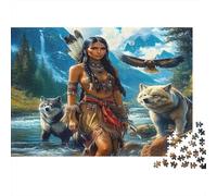 Native Warrior 1000 Pieces Jigsaw Puzzles for Adults & Teens, Thick Non-Reflective Paper, Woman Wolf River, Fun Brain Teaser, Mental Workout for Concentration & Memory 52x38cm/1000pcs