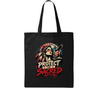 Native Woman with Eagle and Mountains Natural Cotton Tote Bag Black