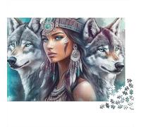 Native Woman Wolf 1000 Piece Game Night Puzzle for Adults Chieftess Framed by Powerful Sacred Grey Wolves Premium Sturdy Vibrant Challenging Hard Stress Relief 70x50cm/1000pcs