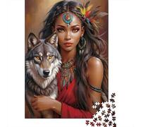 Native Woman Wolf 1000 Pieces Sturdy Cardboard Classic Jigsaw Puzzle Adults Kids Impossible Hard Difficult Challenging Decompression Wall Decor Gift Idea 52x38cm/1000pcs