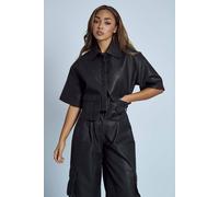 Native Youth Women's Faux Leather Collared Utility-Style Short Sleeve Shirt in Black | Size: XS Native Youth Black XS