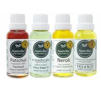 Nativilis Organic Essential Oils Aromatherapy Bundle - Patchouli, Clary Sage, Neroli & Lemongrass - 4 x 30ml Pure Therapeutic Grade Oils
