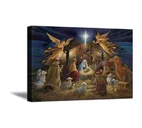 Nativity Canvas Wall Art Christmas Jesus in a Manger Posters Virgin Mary & Joseph Religious Oil Painting Print Modern Home Wall Decor for Living Room Bedroom (8"x10" (20x25cm), Framed,Ready to hang)
