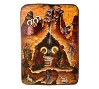 Nativity of Christ Greek Orthodox Icon on Wood, Made in Greece / A0 | Handmade Solid Wood Panel, Η ΓΕΝΝΗΣΙΣ Christmas Feast Icon, Printed Reproduction, Gold Ground, 3.35 x 2.56 in (8.5 x 6.5 cm)