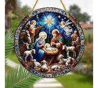 Nativity Scene Acrylic Sun catcher, Colorful Stained Glass Hanging Window Wall Art Decor with Printed Stained Glass Style Design, Gift Idea & Garden Ornament Indoor Outdoor Use