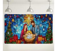 Nativity Scene Backdrop, Colorful Stained Glass Style Decorations, Blue and Red Christmas Photo Background for Holiday Parties and Events 71x43 Inch