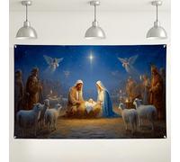 Nativity Scene Backdrop, Heavenly Angelic Christmas Decorations, Blue Colorful Religious Photography Background for Holiday Events 71x43 Inch