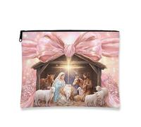 Nativity Scene Cosmetic Bag, Vintage Peach Christmas Makeup Pouch for Women, Portable Canvas Zipper Organizer, Holiday Skincare Toiletry Bag, Peach, 7x9 Inch, Nativity