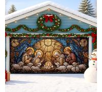 Nativity Scene Garage Door Cover, Colorful Stained Glass Christmas Decorations, Winter Outdoor Holiday Decor, Perfect for Xmas Festivities 157x71 Inch