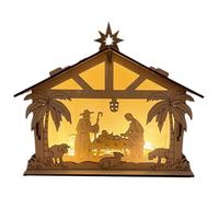 Nativity Scene Indoor - Wooden Crib With Lighting Christ Religious,Engraved Jesus Christmas Figures,For Indoor Wall Window Stove List Garden Office Car