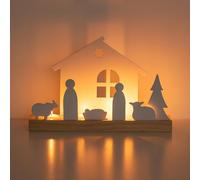 Nativity Scene Set for Christmas Indoor: Romadedi Wooden Crib Sets Candle Holder Decorations with Movable White Metal Nativity Figures for Table Centerpiece Xmas Living Room Home Decor (30*7*16cm）