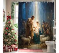 Nativity Scene Shower Curtain, Christmas Religious Bathroom Decor, Vintage Art Style Waterproof Fabric with Hooks for Holiday Home 72x96 Inch
