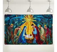 Nativity Scene Stained Glass Backdrop, Colorful Religious Holiday Decorations, Indoor/Outdoor Photo Background for Christmas Events 71x43 Inch