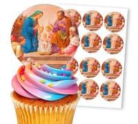 Nativity Scene With Angels & Sheep, 12 Edible Paper 2.5" Cupcake Toppers
