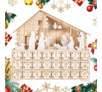 Nativity Scene With Drawers For Advent | Wooden Christmas Decoration,Countdown Calendar With LED Lights And Drawer | For Indoor Home Desk Kids Adults Christian