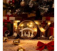 Nativity Scene Wooden Ornaments, 3D Carved Joy Letter Sign with LED Lights, 2025New Lighted Nativitys Joy Sign Tabletop Decorations, for Christmas Table, Mantle Display (With light 1pcs)
