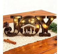 Nativity Scene Wooden Ornaments,3D Nativity Joy LED Letter Lights Sign,3D Lighted Nativitys Joy Sign Tabletop Decors,Carved Wooden Nativitys Letter Decor for Mantle,Religious Holiday