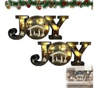 Nativity Scene Wooden Ornaments, 3d Nativity Joy Led Letter Lights Sign Wooden, Rustic Christmas Religious Decoration, for Christmas Mantle, Home or Church Display (2pcs)