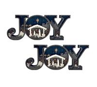 Nativity Scene Wooden Ornaments, Tunning 3D Carved Wooden Joy LED Letter Lights Sign, Rustic Christmas Religious Decoration, for Indoor Mantle Bedroom Home Tabletop (NO LIGHT 2PCS)