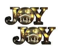 Nativity Scene Wooden Ornaments, Tunning 3D Carved Wooden Joy LED Letter Lights Sign, Rustic Christmas Religious Decoration, for Indoor Mantle Bedroom Home Tabletop (LIGHT 2PCS)