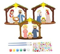 Nativity Set 3 Pack DIY Coloring Nativity Scene with Brush & Pigment & Stickers Wooden Houses for Crafts Kids