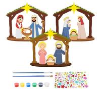 Nativity Set 3 Pack DIY Coloring Nativity Scene with Brush & Pigment & Stickers Wooden Houses for Crafts Kids