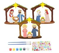 Nativity Set 3 Pack DIY Coloring Nativity Scene with Brush & Pigment & Stickers Wooden Houses for Crafts Kids