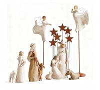 Nativity Set Born Scene Willow-Tree Figure 9-piece, Figures Nativity Scene Resin, With Little Angels And Stars, Holy Family Family Decoration