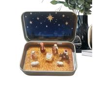 Nativity Set Manger Home Decor In A Tin Box, 9.5x6cm, Pocket Birth Of Jesus Manger Ornament With Holy Family Sheep Figurines, Handmade Resin Miniature Nativity Doll Scene Set, For Tabletop Cabinet
