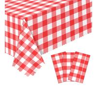 NatNarr 3 Pack Red Gingham Tablecloths, Red and White Checkered Tablecloth | Disposable Picnic Table Cloths Waterproof Scalloped Table Cover for Camping Picnic Outdoors Barbecue Birthday 137 × 274cm