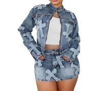 NATRUNSOO Denim Skirt Sets Women 2 Piece Outfits Long Sleeve Zip Up Cropped Jacket Bodycon Mini Jean Skirt Set, Blue, S