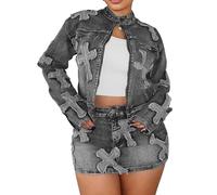 NATRUNSOO Denim Skirt Sets Women 2 Piece Outfits Long Sleeve Zip Up Cropped Jacket Bodycon Mini Jean Skirt Set, Black, S