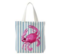 NATSUNO Beach Pink Crab Canvas Tote Bag, Crab Gifts, Ocean Themed Gifts, Coastal Preppy Blue Striped Canvas Tote Bag for Women, Reusable Grocery Bags Shopping Bags
