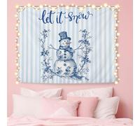 NATSUNO Blue Chinoiserie Christmas Snowman Tapestry, Let It Snow Winter Wall Tapestry for Bedroom, Blue Striped Winter Xmas Tapestries Wall Hanging for Home Bedroom Living Room Decor, 50x60 Inches
