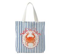 NATSUNO Coastal Beach Red Crab Canvas Tote Bag, Crab Gifts, Preppy Blue Striped Sea Animal Canvas Tote Bag for Women, Girly Nautical Beachy Reusable Grocery Bags Shopping Bags