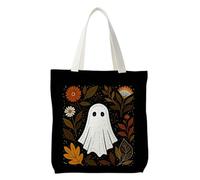 NATSUNO Halloween Ghost Canvas Tote Bag for Candy Treats, Halloween Gifts for Women, Boho Fall Floral Cute Ghost Canvas Tote Bag for Women, Reusable Grocery Bags Shopping Bags