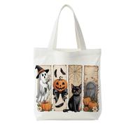 NATSUNO Halloween Tote Bag for Candy Treats, Spooky Halloween Black Cat Ghost Pumpkin Canvas Tote Bag, Boho Fall Floral Reusable Shopping Grocery Bags