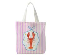 NATSUNO Red Lobster Beach Canvas Tote Bag, Lobster Lover Gifts, Preppy Coquette Pink Striped Crawfish Coastal Canvas Tote Bag for Women, Nautical Ocean Reusable Grocery Bags Shopping Bags