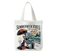 NATSUNO Summer Halloween Skeleton Beach Tote Bag for Candy Treats, Spooky Gothic Halloween Black Cat Canvas Tote Bag, Goth Skull Reusable Shopping Grocery Bags