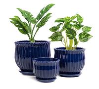 Nattol Ceramic Flower Pots, Ceramic Planters with Drainage Hole and Saucer, Modern Round Ceramic Succulent Plant Pots with Stripe Texture, Small to Medium Sized, Set of 3, Navy Blue