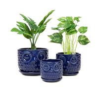 Nattol Ceramic Flower Pots, Ceramic Planters with Drainage Hole and Saucer, Modern Round Indoor Succulent Planters with Owl Design, Small to Medium-Sized, Set of 3, Navy Blue